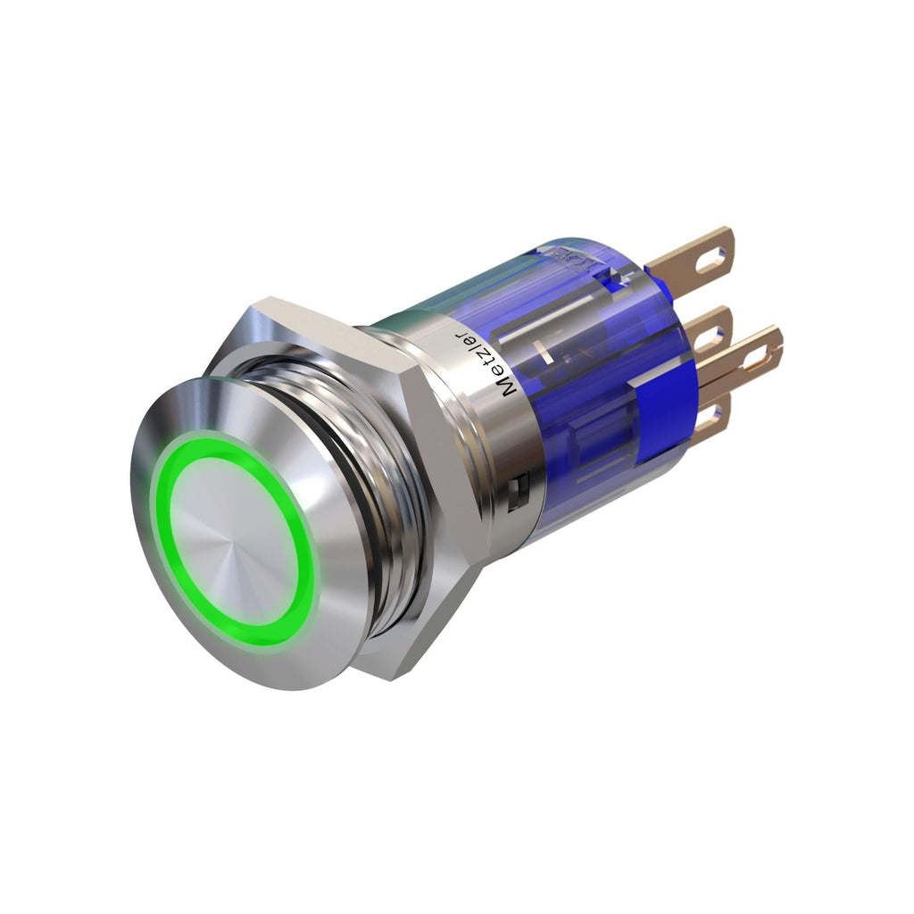 Metzler - Drucktaster 16mm - LED Ringbeleuchtung Grün - IP67 IK10 - Edelstahl - Flach - Lötkontakte