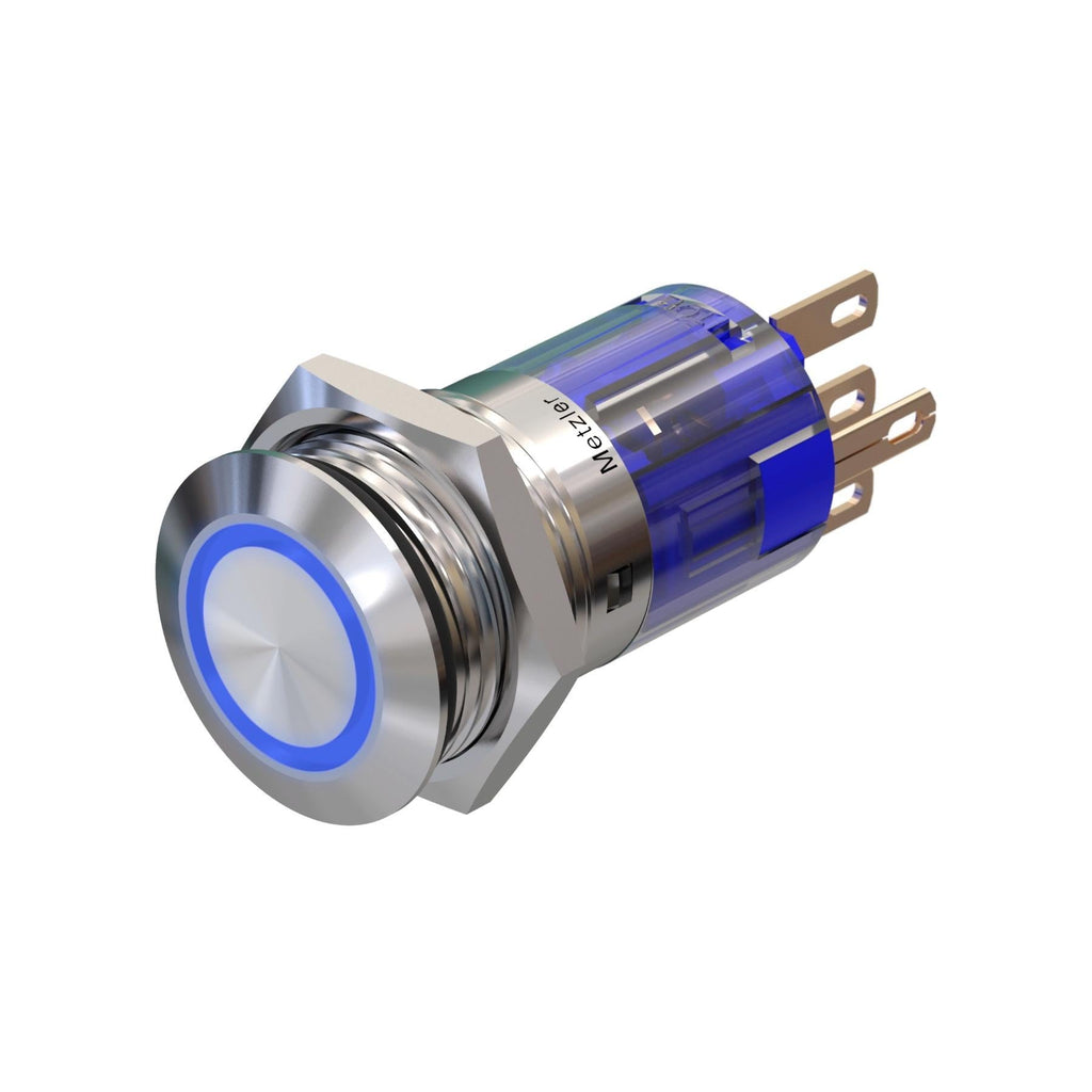 Metzler - Drucktaster 16mm - LED Ringbeleuchtung Blau - IP67 IK10 - Edelstahl - Flach - Lötkontakte