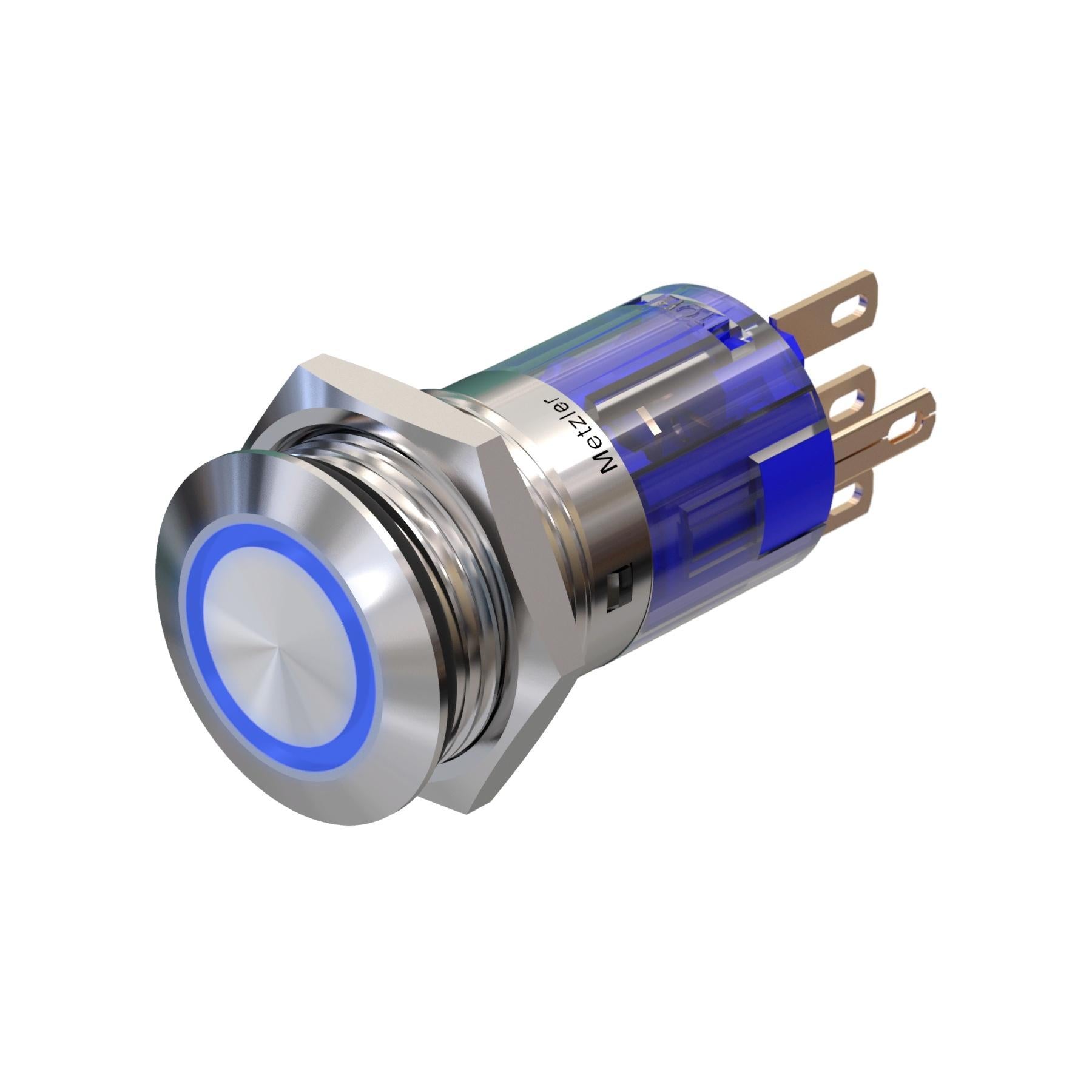 Metzler - Drucktaster 16mm - LED Ringbeleuchtung Blau - IP67 IK10 - Edelstahl - Flach - Lötkontakte