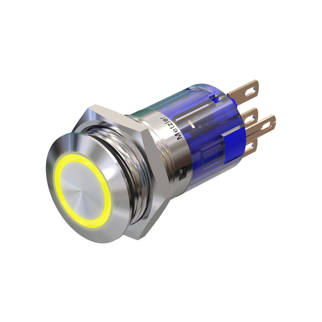 Metzler - Drucktaster 16mm - LED Ringbeleuchtung Gelb - IP67 IK10 - Edelstahl - Flach - Lötkontakte