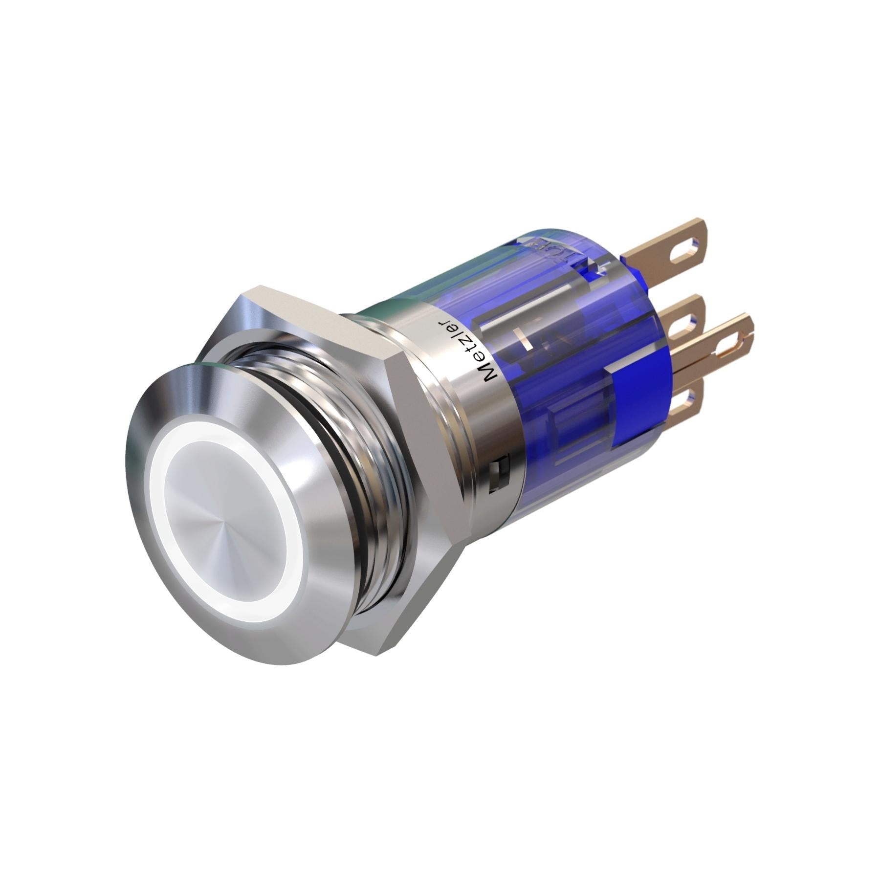 Metzler - Drucktaster 16mm - LED Ringbeleuchtung Weiß - IP67 IK10 - Edelstahl - Flach - Lötkontakte