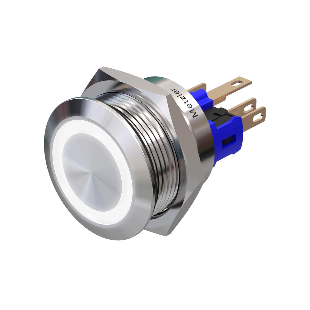 Metzler - Drucktaster 22mm - LED Ringbeleuchtung Weiß - IP67 IK10 - Edelstahl - Flach - Lötkontakte
