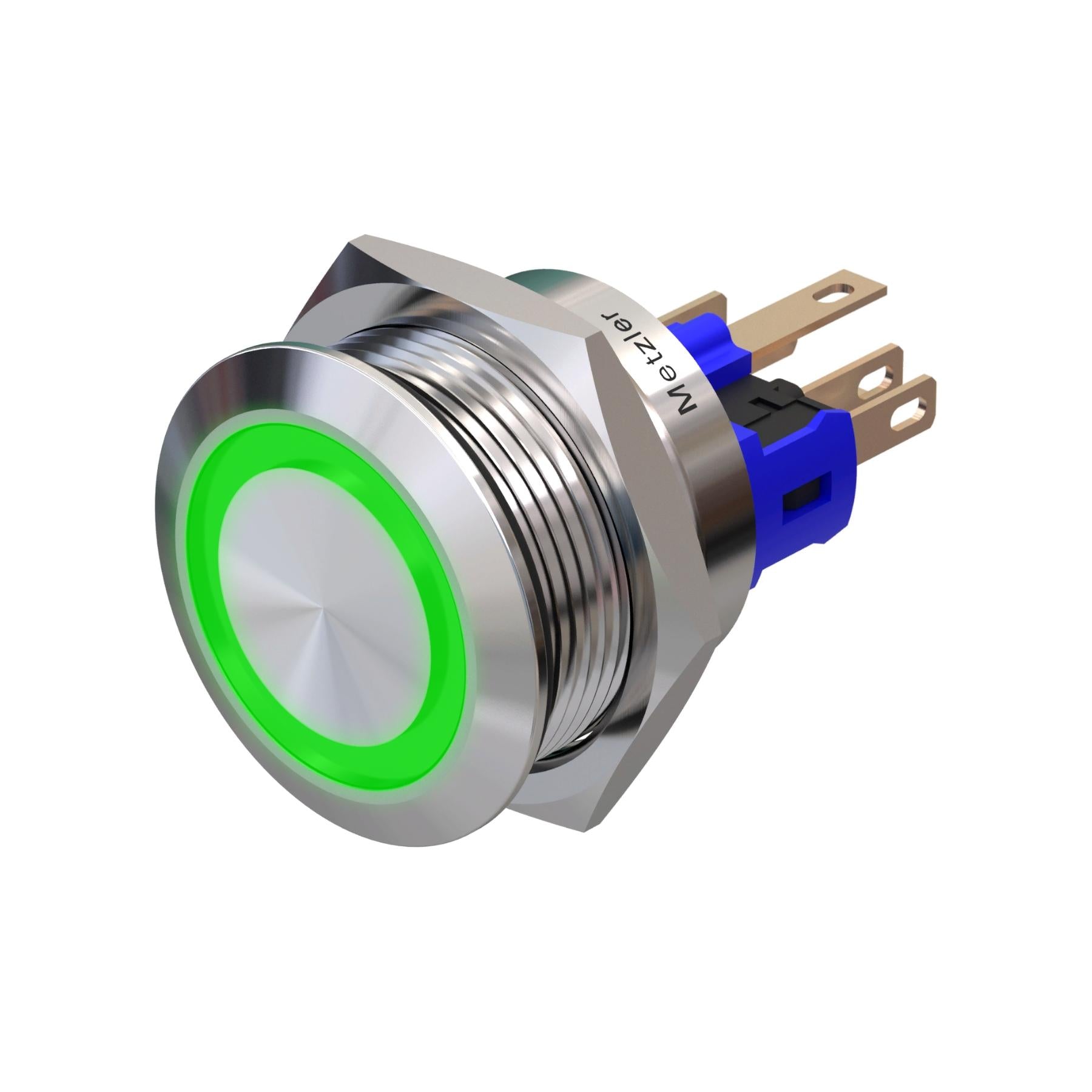 Metzler - Drucktaster 22mm - LED Ringbeleuchtung Grün - IP67 IK10 - Edelstahl - Flach - Lötkontakte