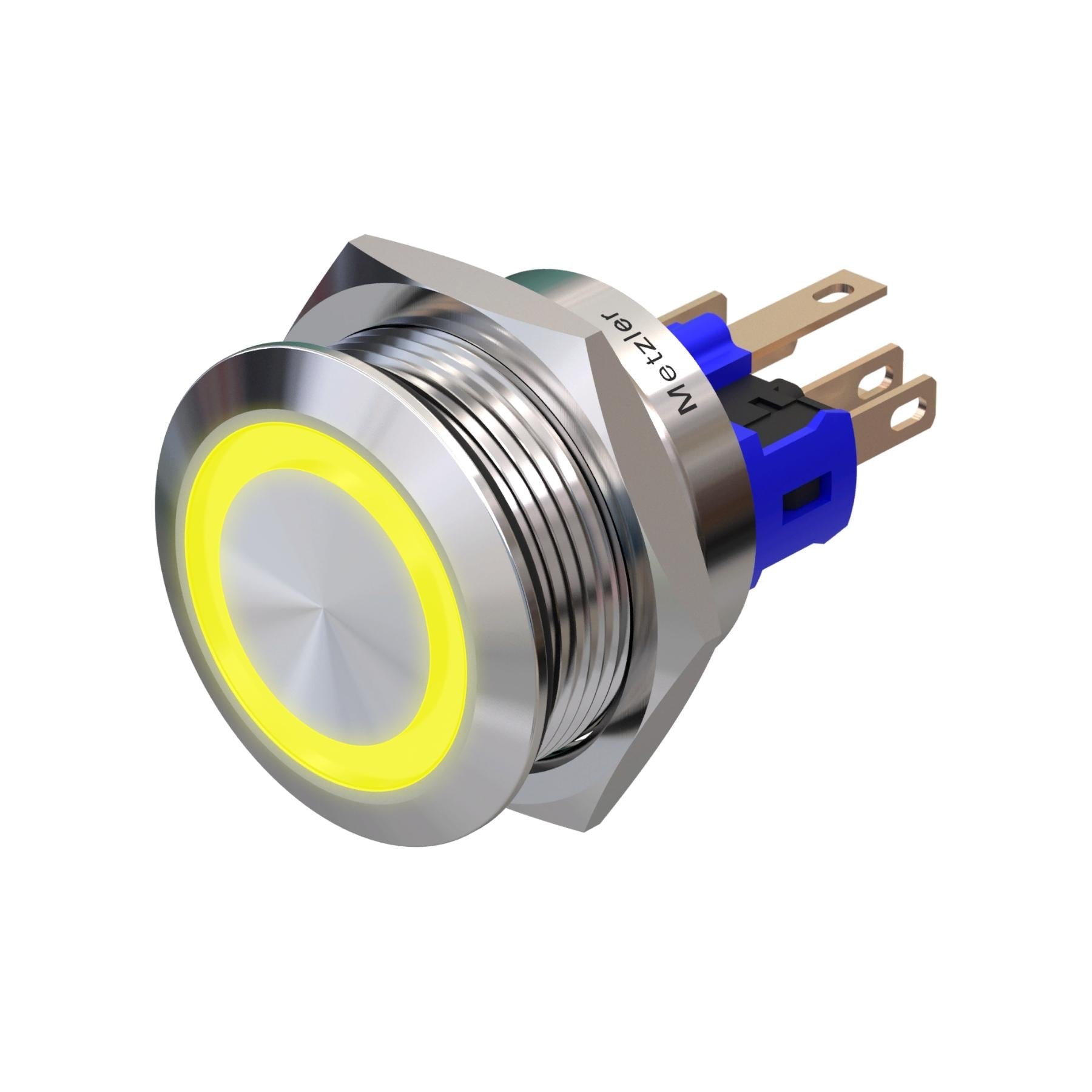 Metzler - Drucktaster 22mm - LED Ringbeleuchtung Gelb - IP67 IK10 - Edelstahl - Flach - Lötkontakte