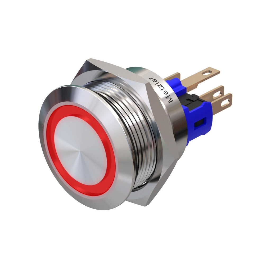 Metzler - Drucktaster 22mm - LED Ringbeleuchtung Rot - IP67 IK10 - Edelstahl - Flach - Lötkontakte