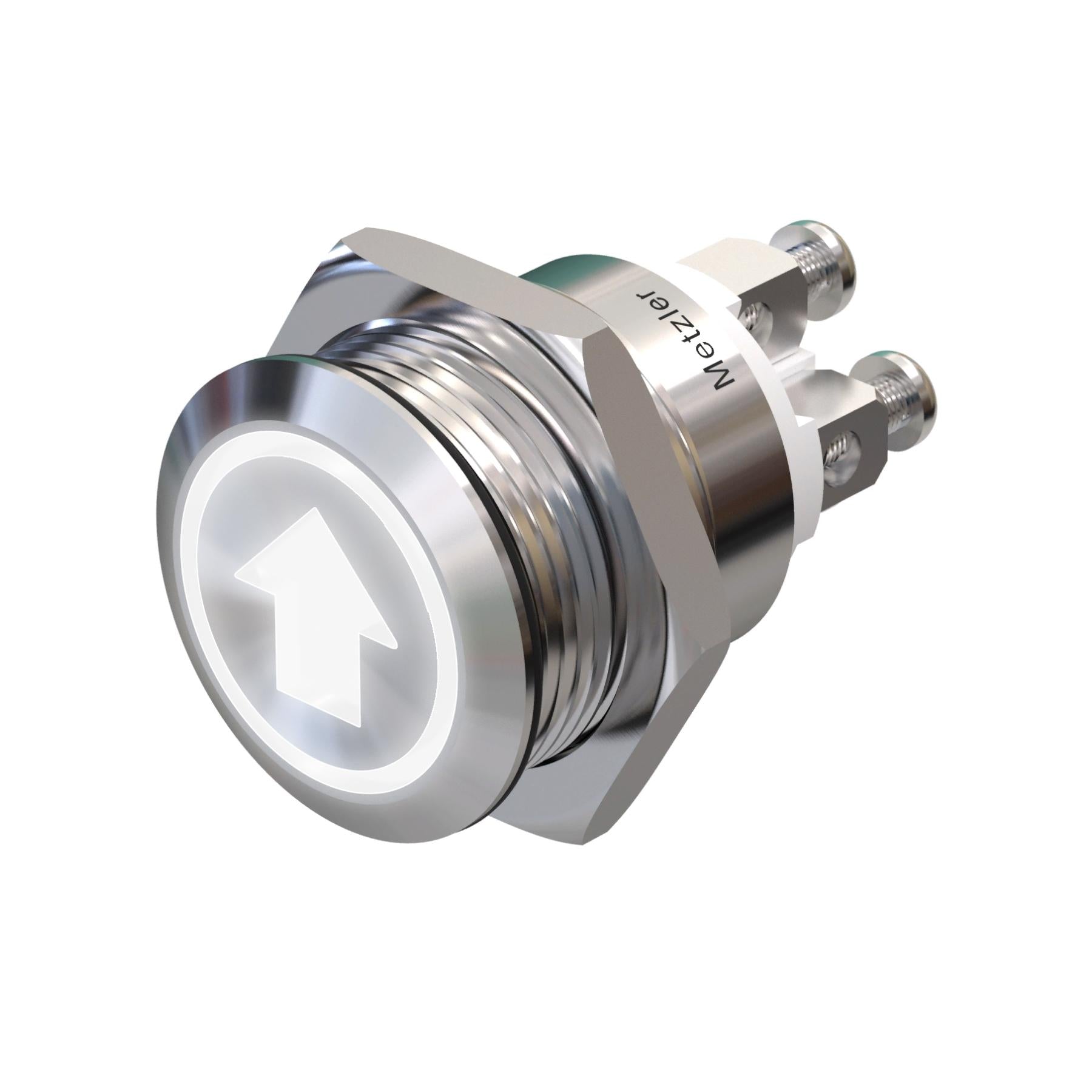 Metzler - Drucktaster 19mm - LED Symbol Pfeil Weiß - IP67 IK10 - Edelstahl - Flach - Schraubkontakte