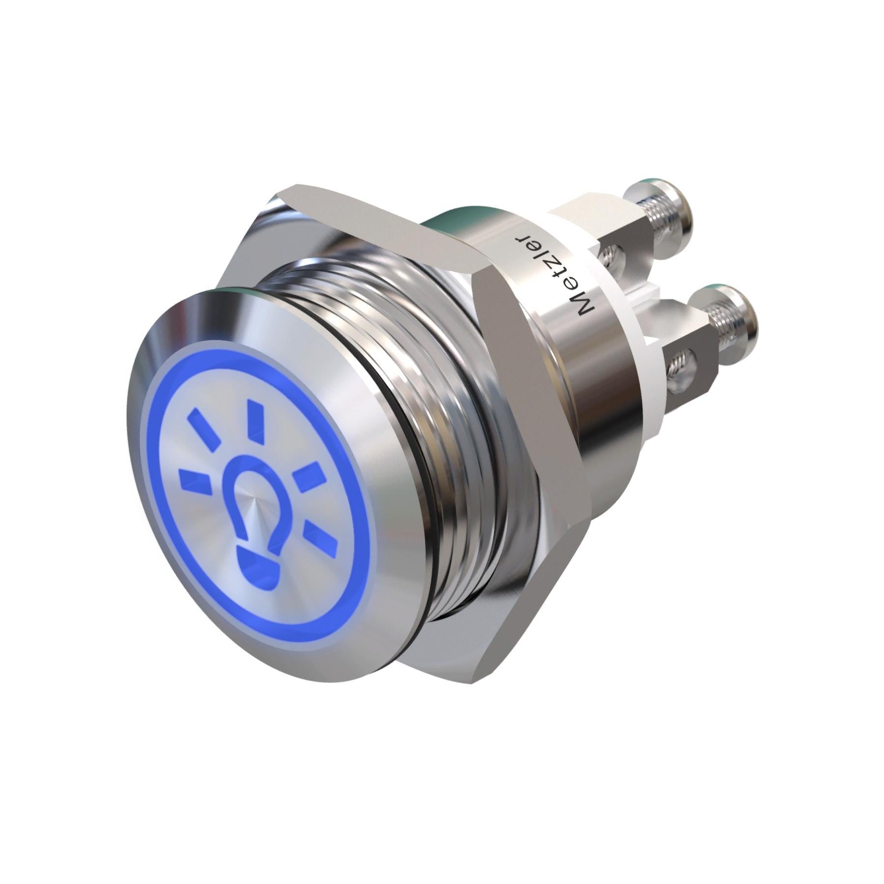 Metzler - Drucktaster 19mm - LED Symbol Licht Blau - IP67 IK10 - Edelstahl - Flach - Schraubkontakte