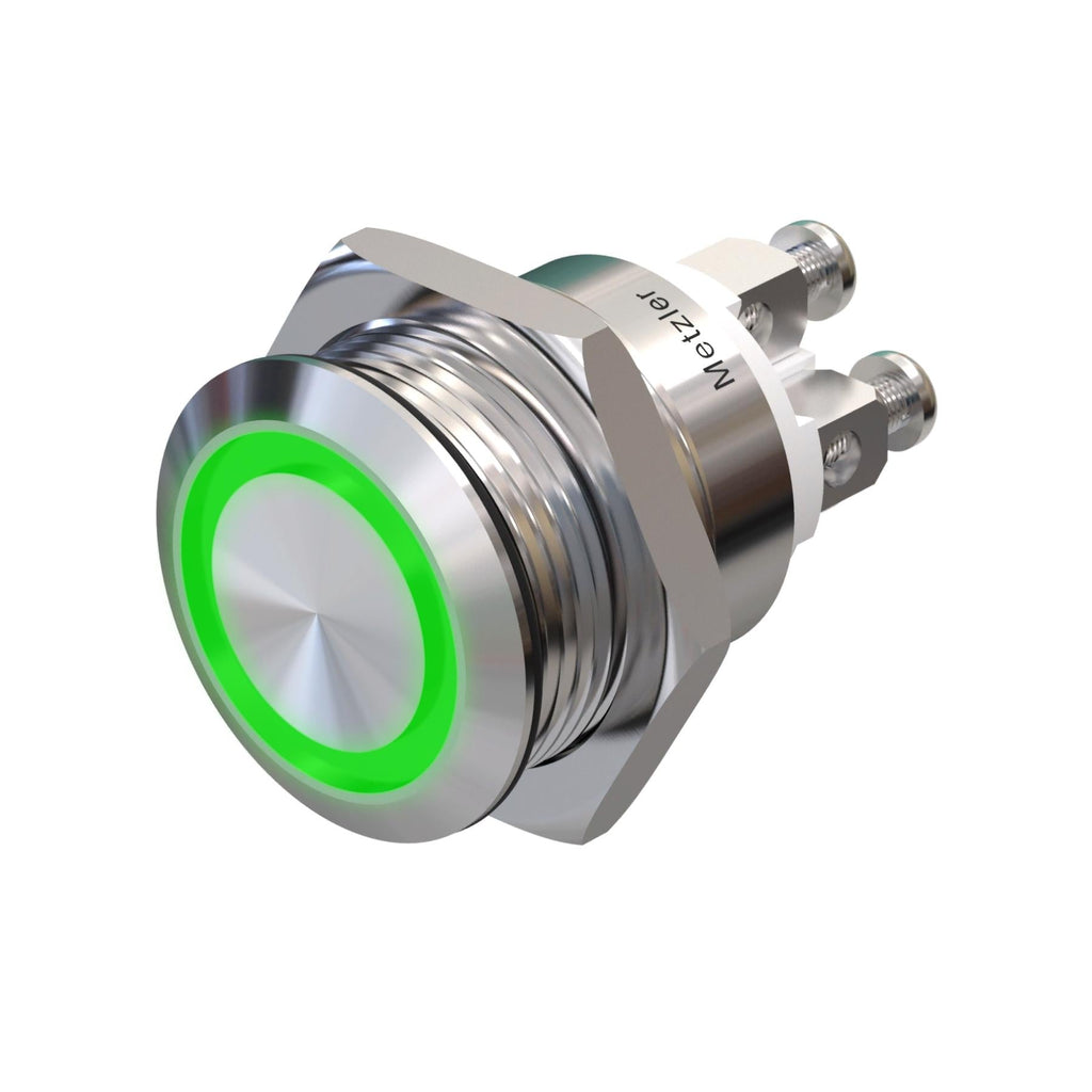 Metzler - Drucktaster 19mm - LED Ringbeleuchtung Grün - IP67 IK10 - Edelstahl - Flach - Schraubkontakte