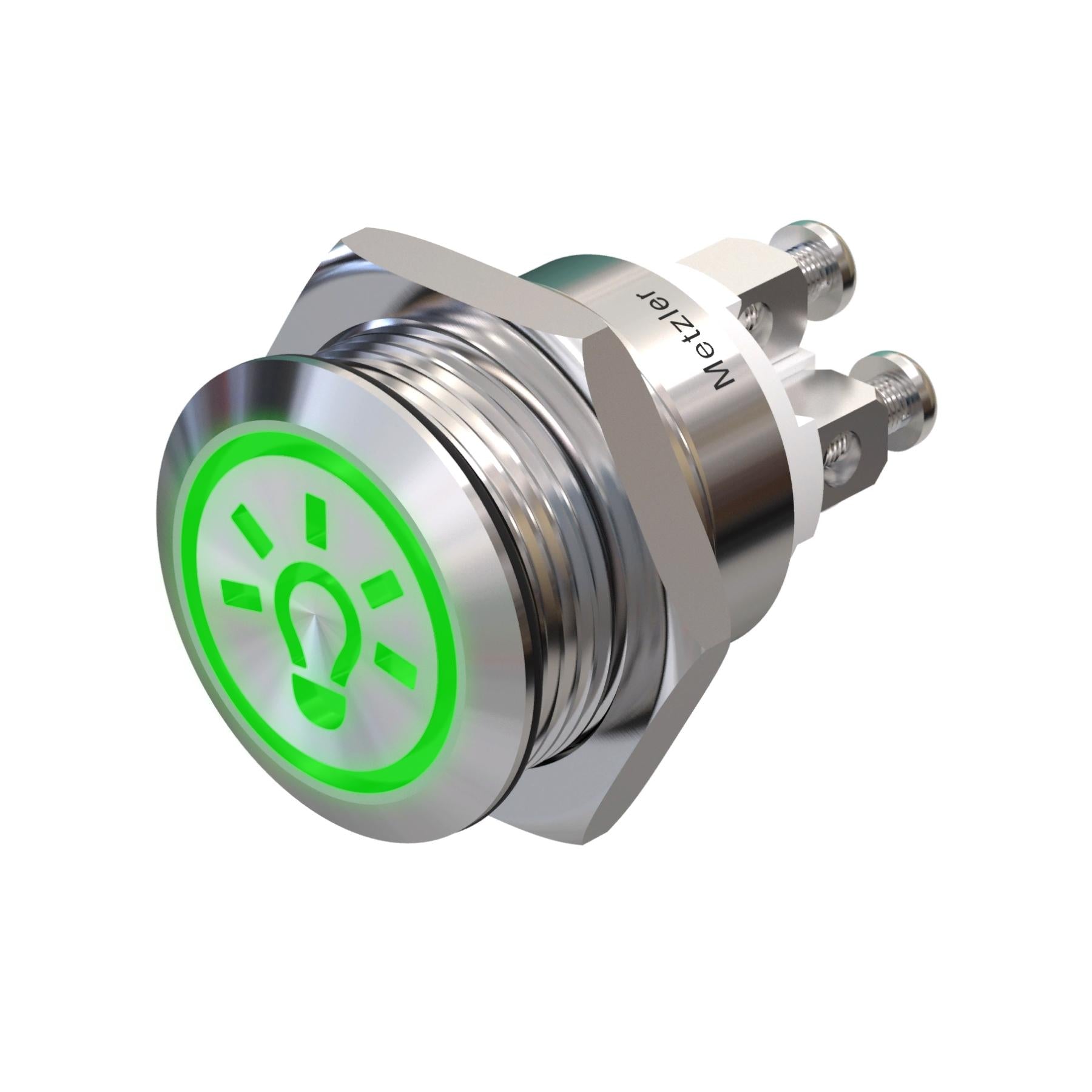 Metzler - Drucktaster 19mm - LED Symbol Licht Grün - IP67 IK10 - Edelstahl - Flach - Schraubkontakte