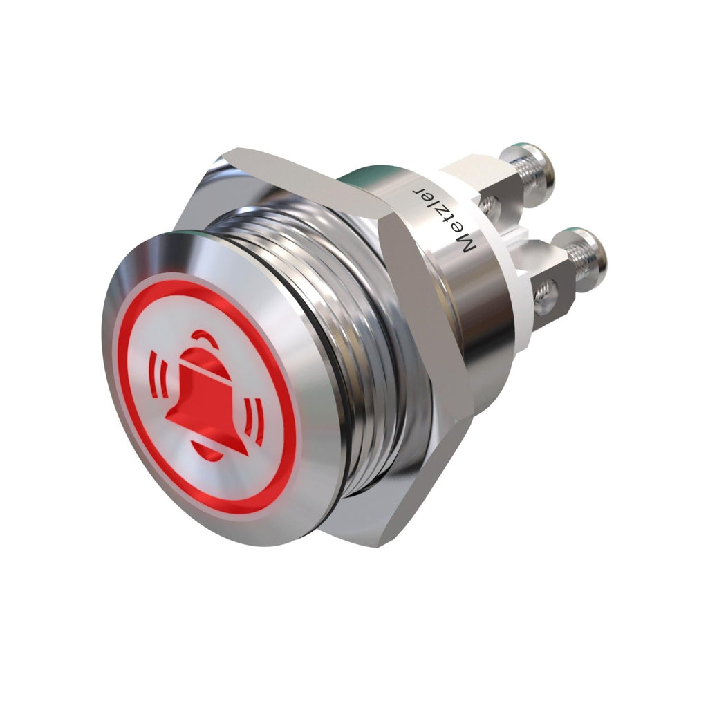 Metzler - Drucktaster 19mm - LED Symbol Glocke Rot - IP67 IK10 - Edelstahl - Flach - Schraubkontakte