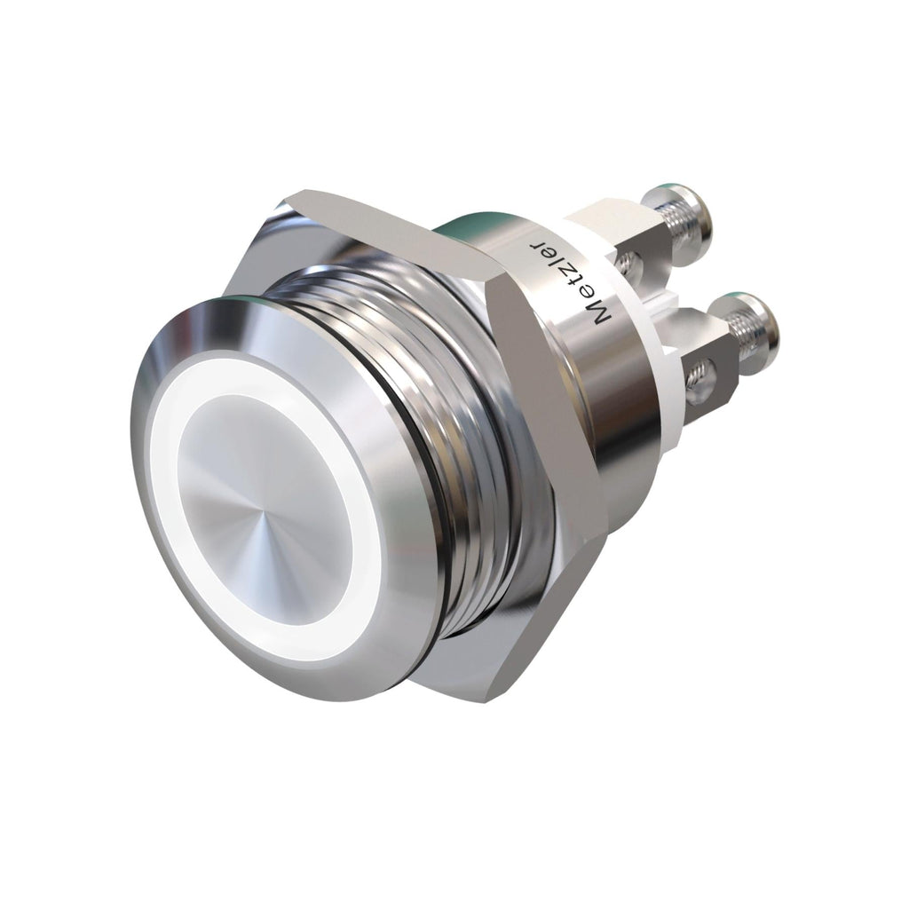 Metzler - Drucktaster 19mm - LED Ringbeleuchtung Weiß - IP67 IK10 - Edelstahl - Flach - Schraubkontakte