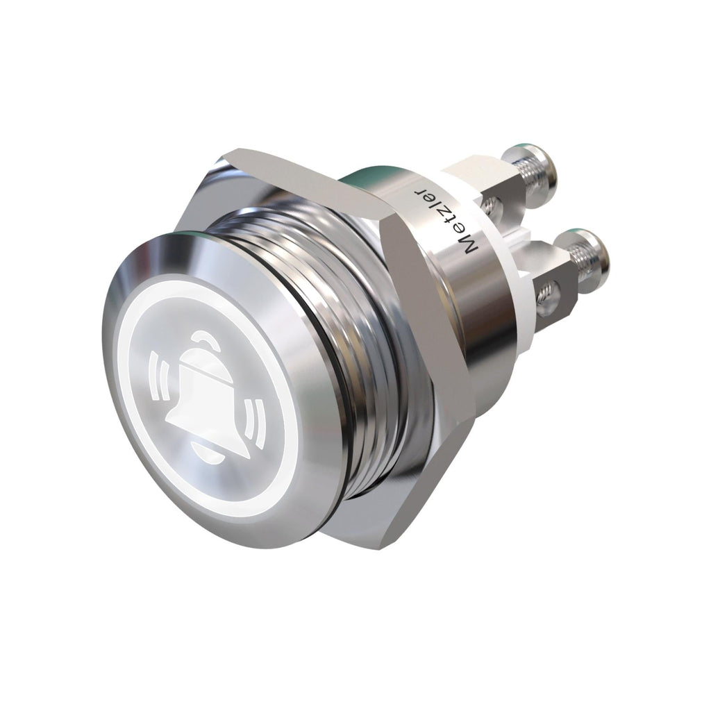 Metzler - Drucktaster 19mm - LED Symbol Glocke Weiß - IP67 IK10 - Edelstahl - Flach - Schraubkontakte