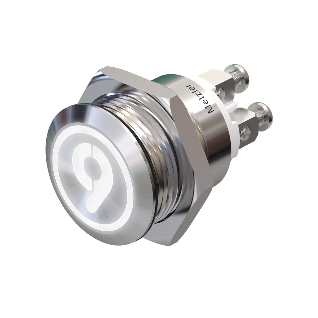 Metzler - Drucktaster 19mm - LED Symbol Ziffer 9 Weiß - IP67 IK10 - Edelstahl - Flach - Schraubkontakte