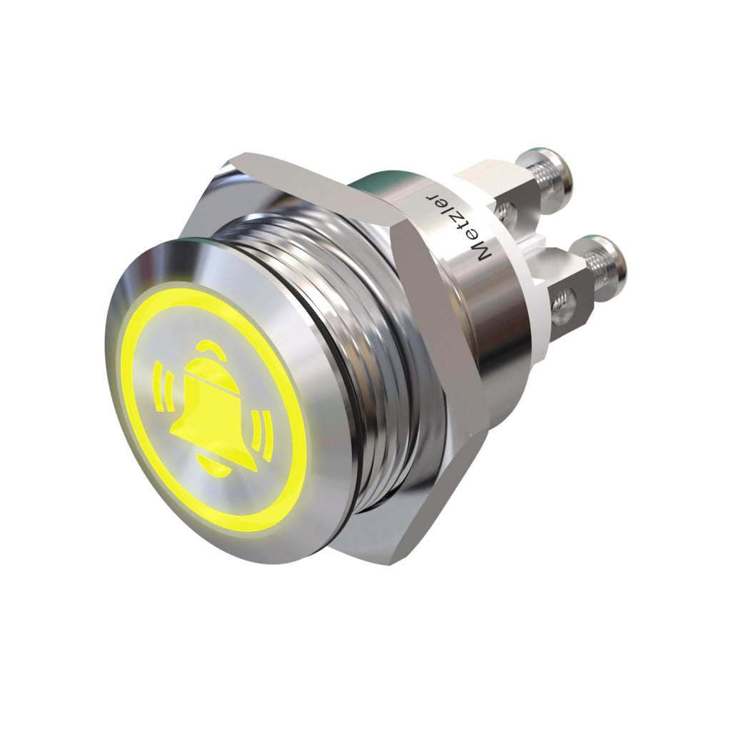 Metzler - Drucktaster 19mm - LED Symbol Glocke Gelb - IP67 IK10 - Edelstahl - Flach - Schraubkontakte