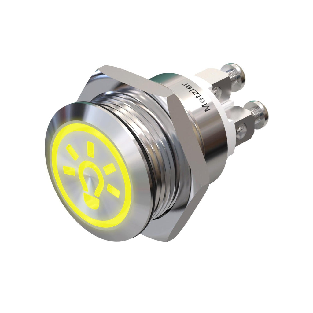 Metzler - Drucktaster 19mm - LED Symbol Licht Gelb - IP67 IK10 - Edelstahl - Flach - Schraubkontakte