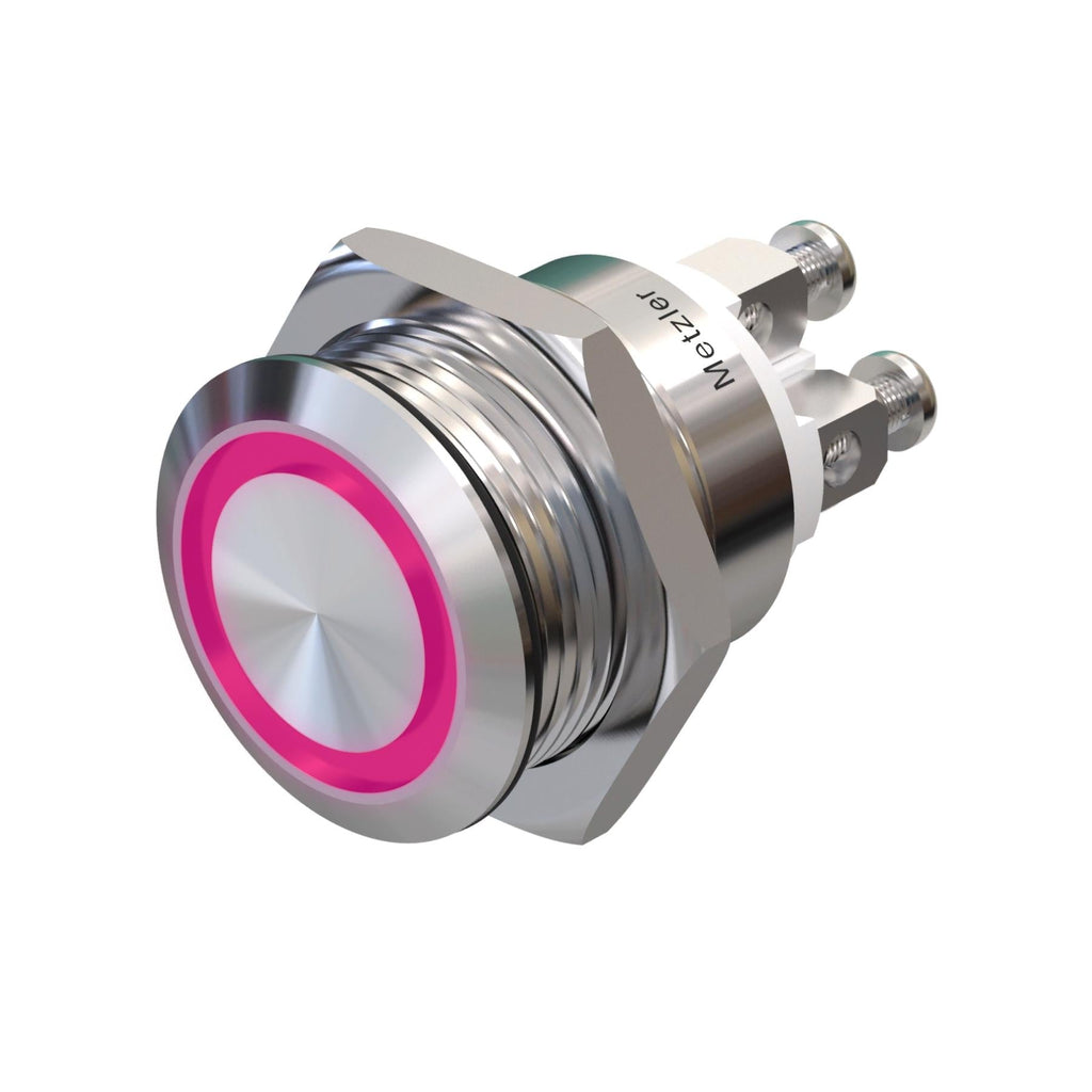 Metzler - Drucktaster 19mm - LED Ringbeleuchtung Pink - IP67 IK10 - Edelstahl - Flach - Schraubkontakte