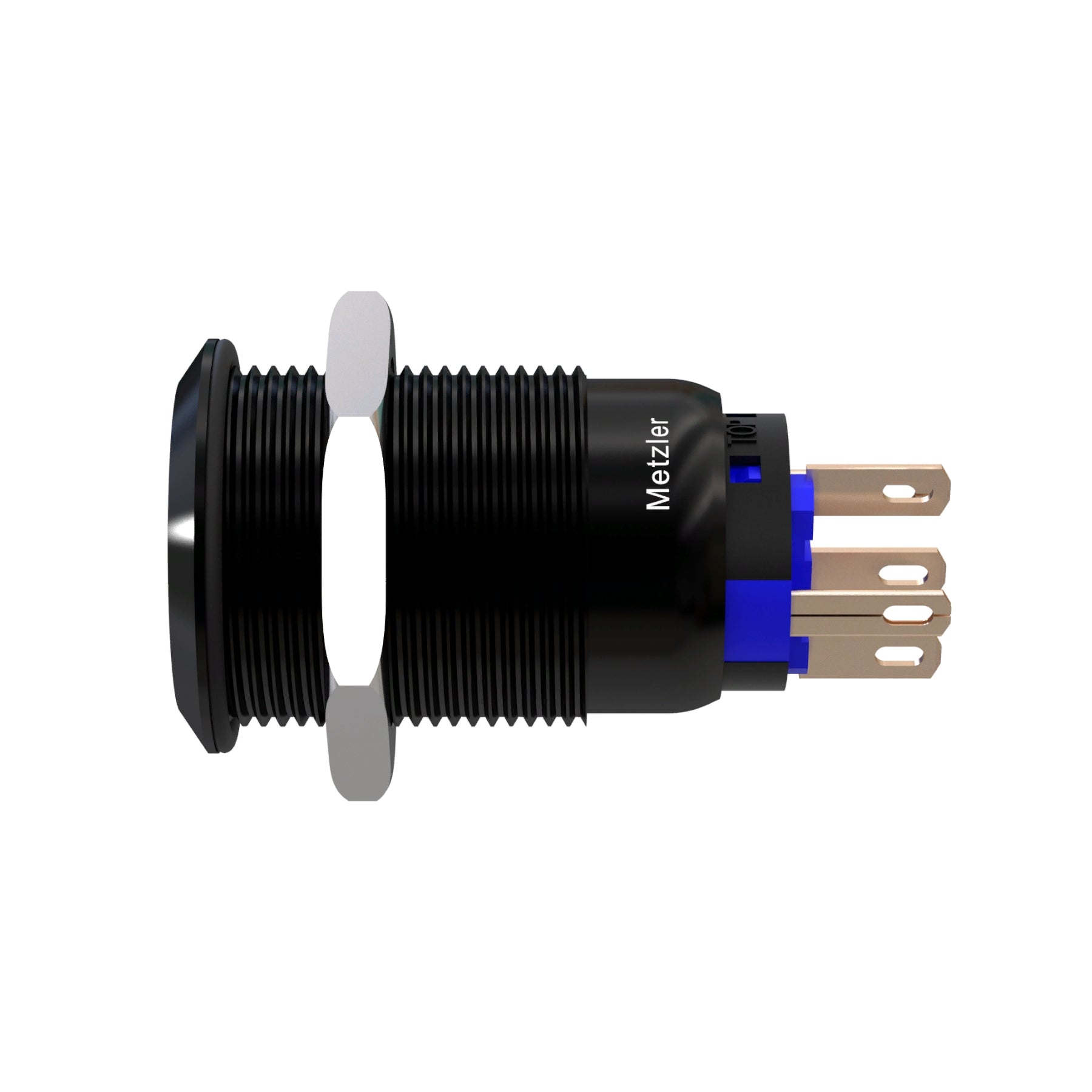 Metzler - Drucktaster 19mm - LED Ringbeleuchtung Weiß - IP67 IK10 - Aluminium - Flach - Lötanschluss