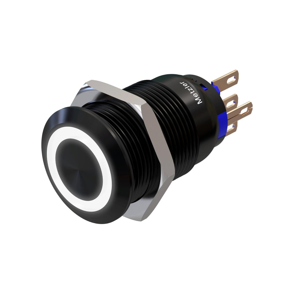 Metzler - Drucktaster 19mm - LED Ringbeleuchtung Weiß - IP67 IK10 - Aluminium - Flach - Lötanschluss