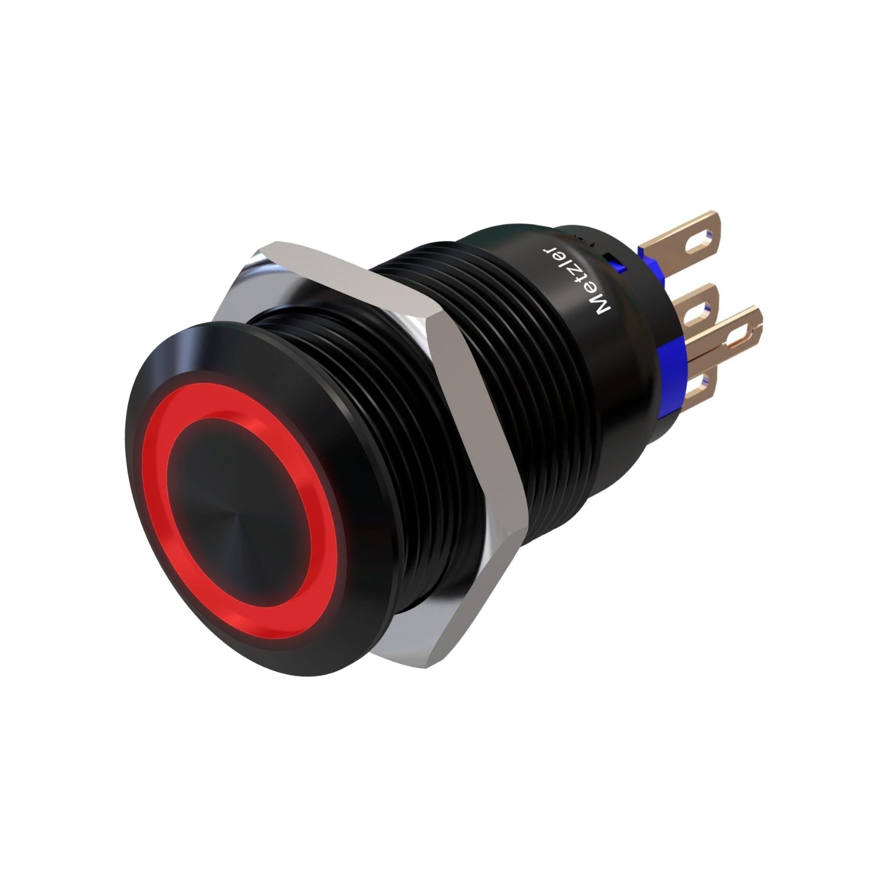 Metzler - Drucktaster 19mm - LED Ringbeleuchtung Rot - IP67 IK10 - Aluminium - Flach - Lötanschluss