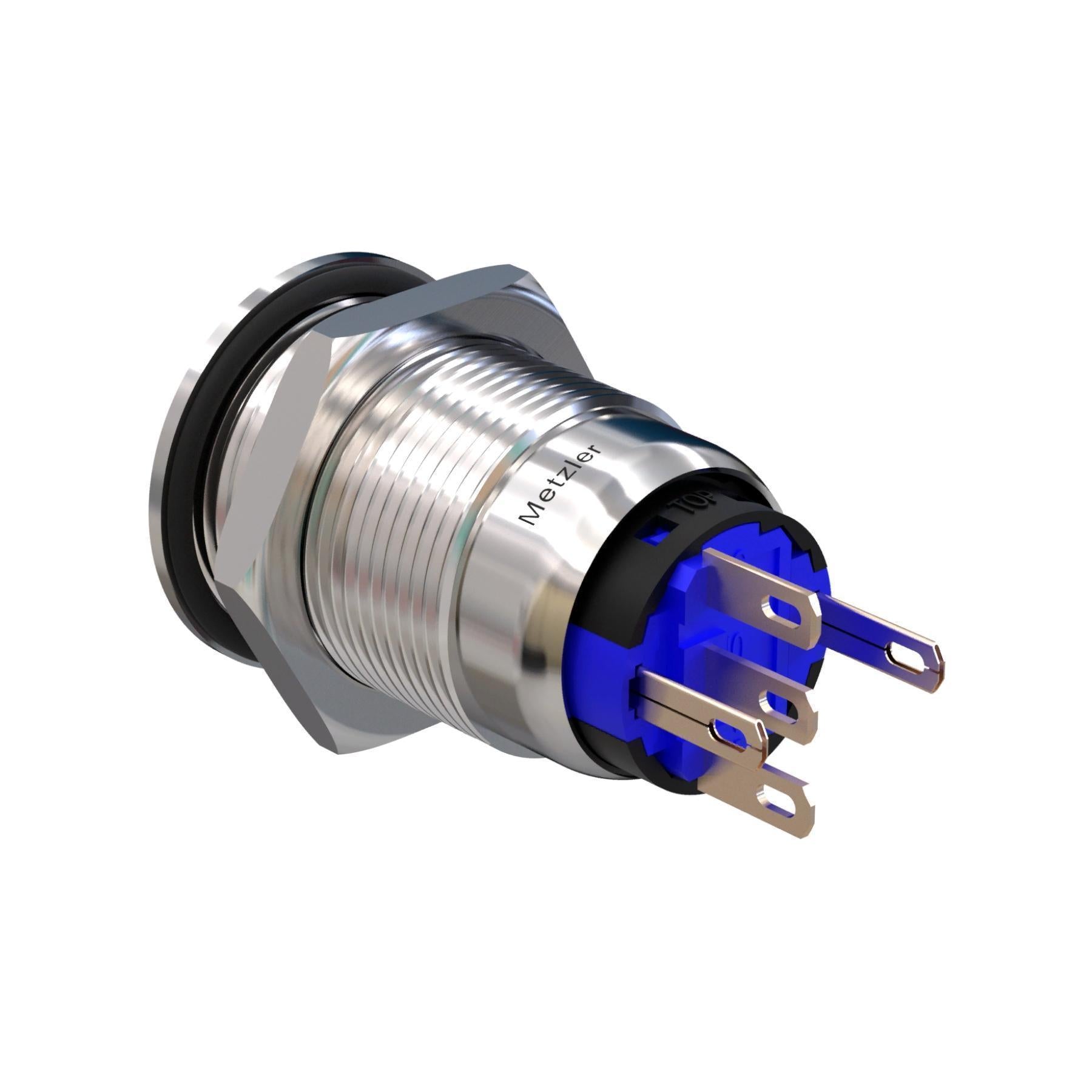 Metzler - Drucktaster 19mm - LED Ringbeleuchtung 230 V Blau - IP67 IK10 - Edelstahl - Flach - Lötkontakte
