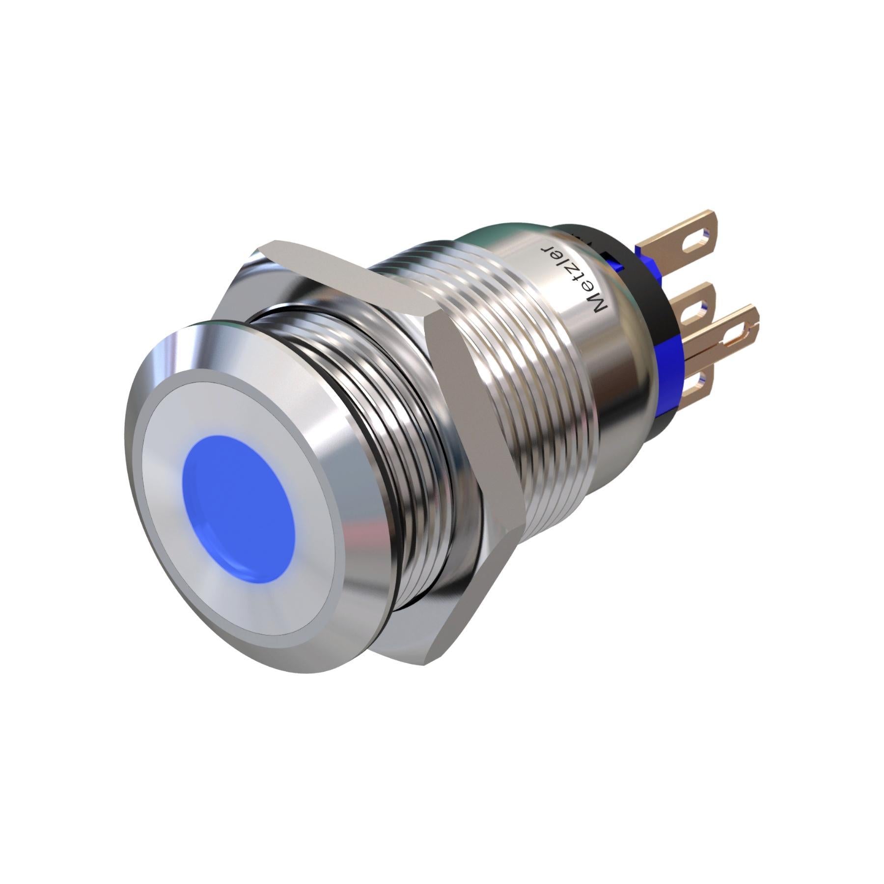 Metzler - Drucktaster 19mm - LED Punktbeleuchtung Blau - IP67 IK10 - Edelstahl - Flach - Lötkontakte