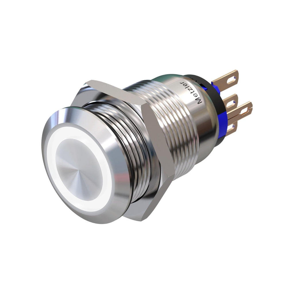 Metzler - Drucktaster 19mm - LED Ringbeleuchtung Weiß - IP67 IK10 - Edelstahl - Flach - Lötkontakte