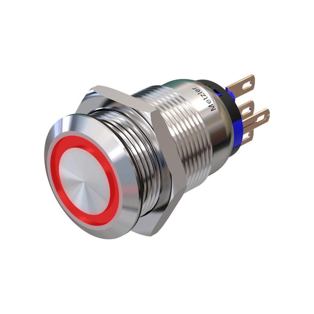 Metzler - Drucktaster 19mm - LED Ringbeleuchtung Rot - IP67 IK10 - Edelstahl - Flach - Lötkontakte