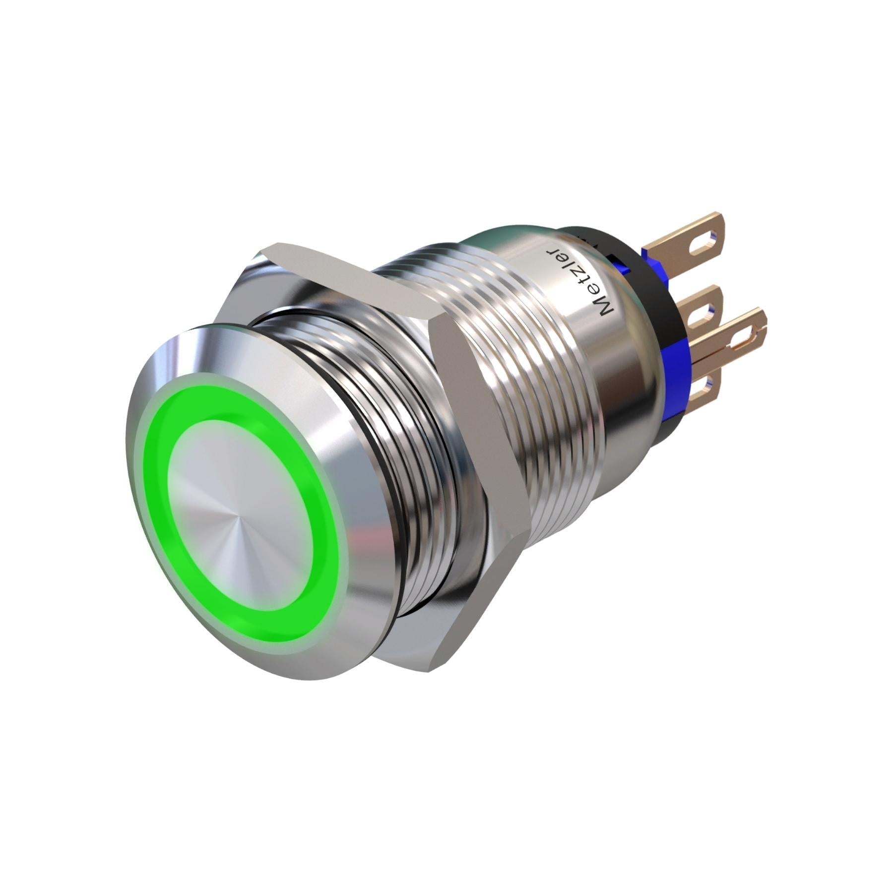 Metzler - Drucktaster 19mm - LED Ringbeleuchtung 230 V Grün - IP67 IK10 - Edelstahl - Flach - Lötkontakte