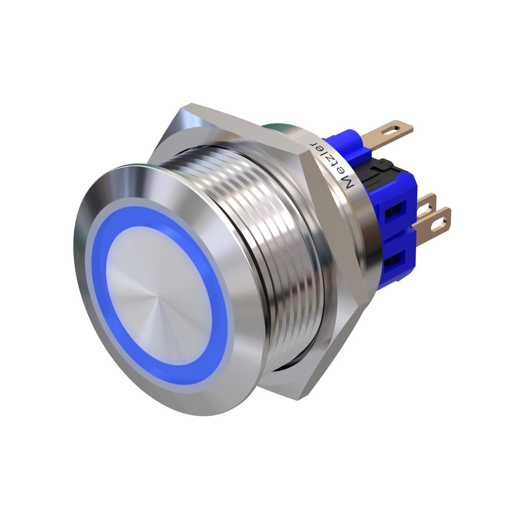 Metzler - Drucktaster 25mm - LED Ringbeleuchtung Blau - IP67 IK10 - Edelstahl - Flach - Lötkontakte