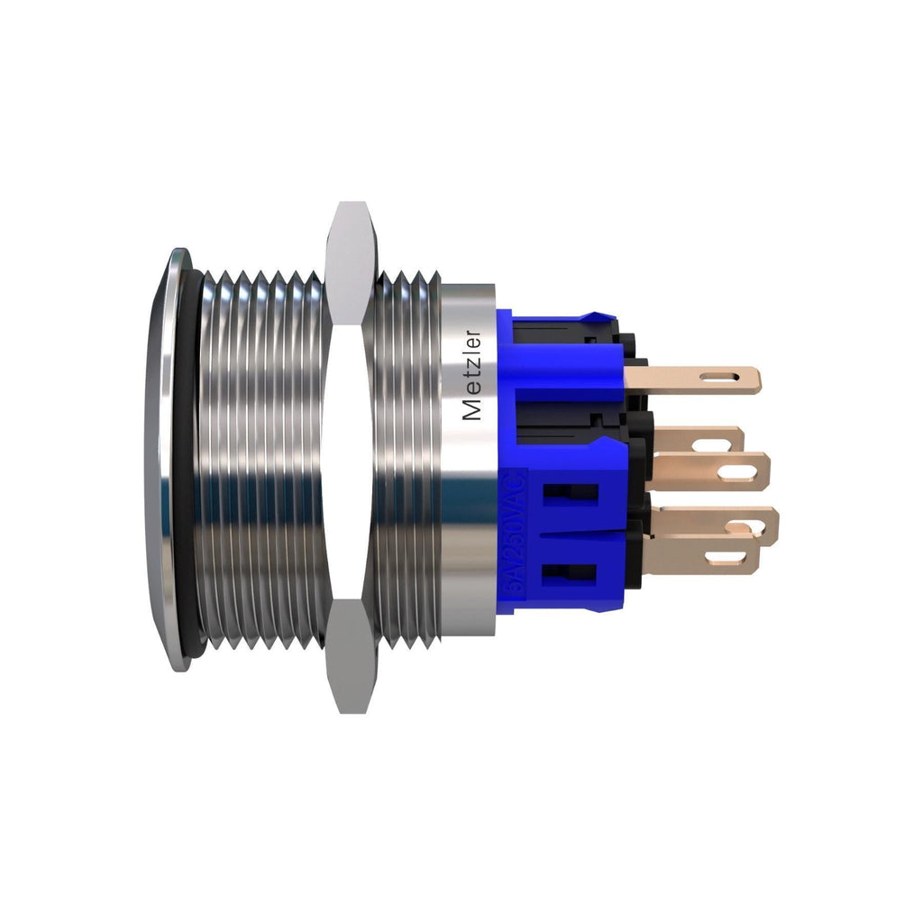 Metzler - Drucktaster 25mm - LED Ringbeleuchtung Weiß - IP67 IK10 - Edelstahl - Flach - Lötkontakte