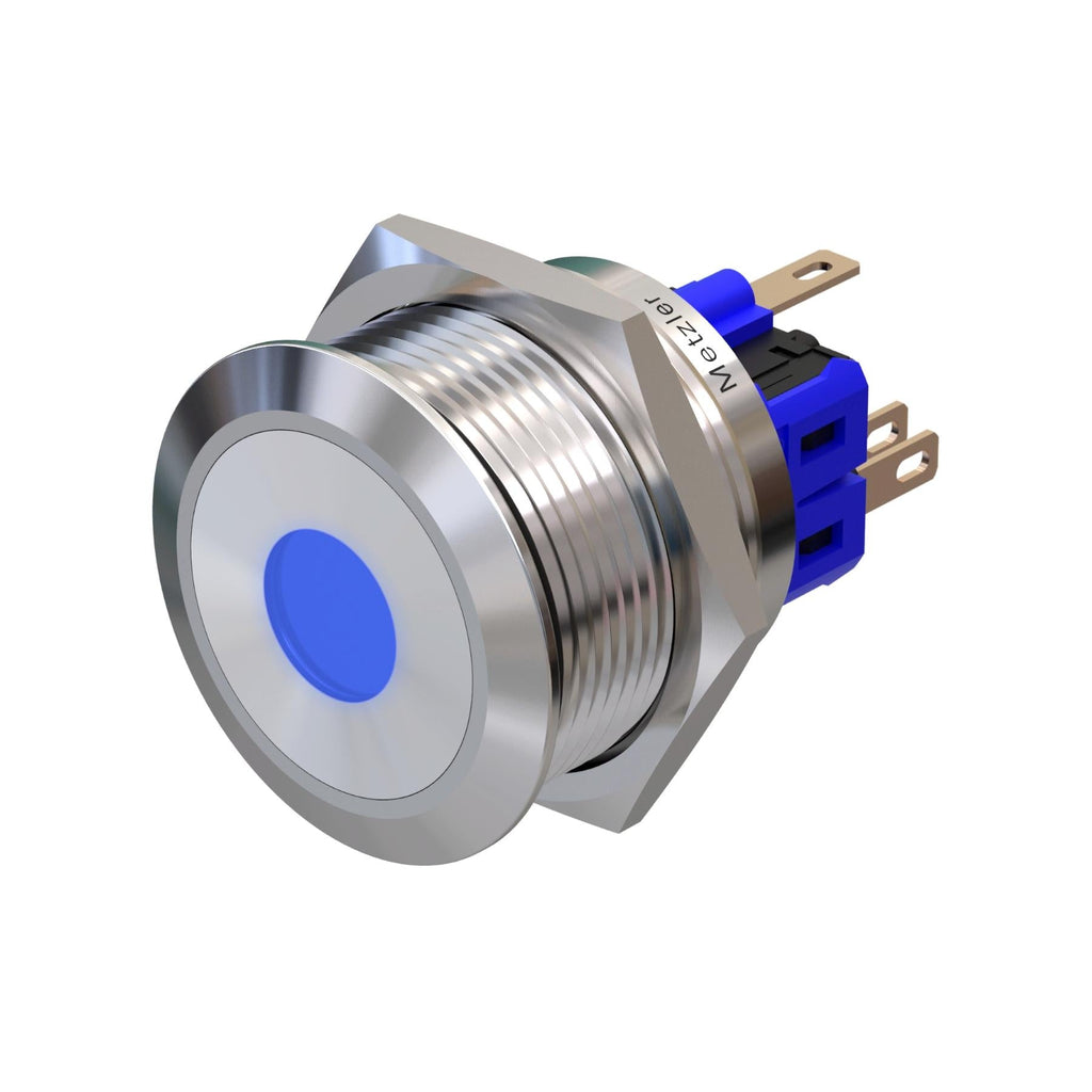 Metzler - Drucktaster 25mm - LED Punktbeleuchtung Blau - IP67 IK10 - Edelstahl - Flach - Lötkontakte