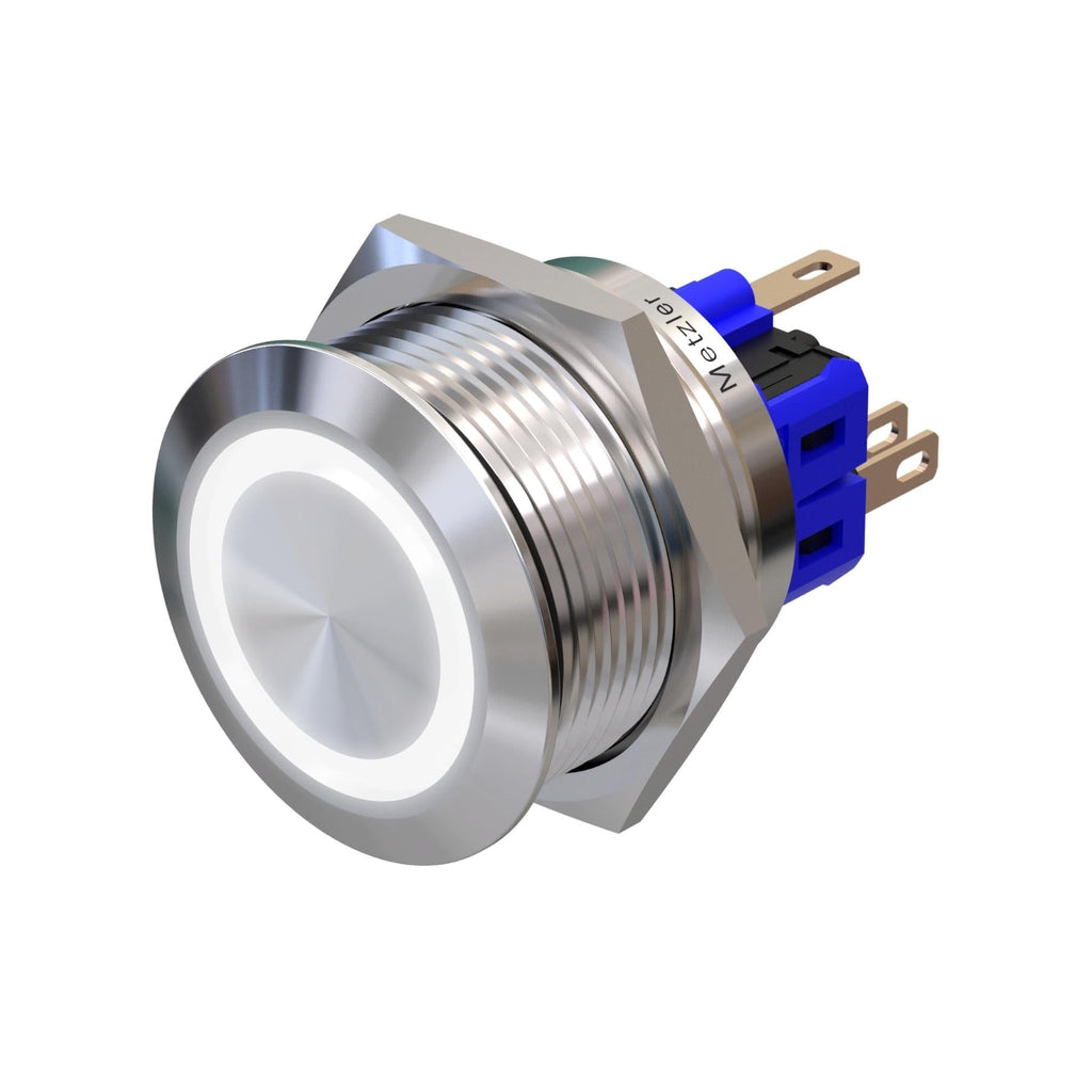 Metzler - Drucktaster 25mm - LED Ringbeleuchtung Weiß - IP67 IK10 - Edelstahl - Flach - Lötkontakte