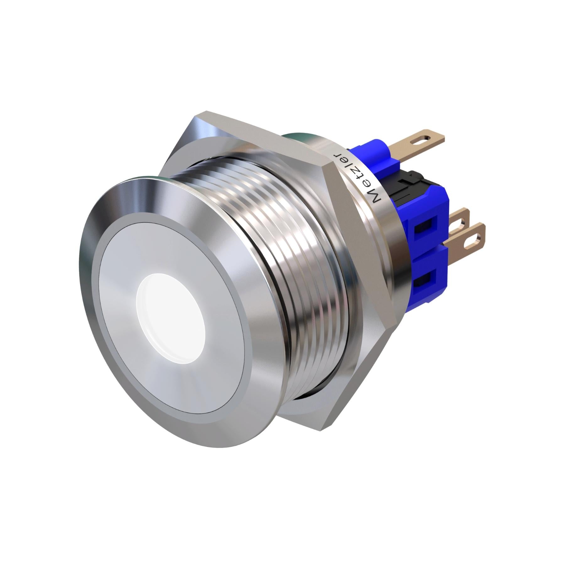 Metzler - Drucktaster 25mm - LED Punktbeleuchtung Weiß - IP67 IK10 - Edelstahl - Flach - Lötkontakte