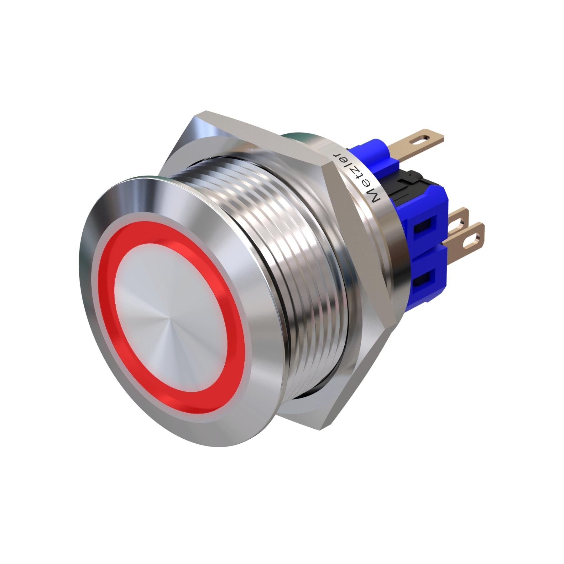 Metzler - Drucktaster 25mm - LED Ringbeleuchtung Rot - IP67 IK10 - Edelstahl - Flach - Lötkontakte