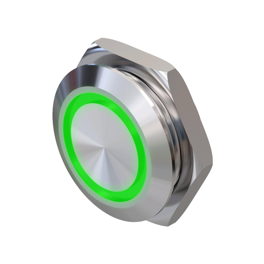 Metzler - Drucktaster 19mm - LED Ringbeleuchtung Grün - IP67 IK10 - Edelstahl - Flach -  Kabelanschluss