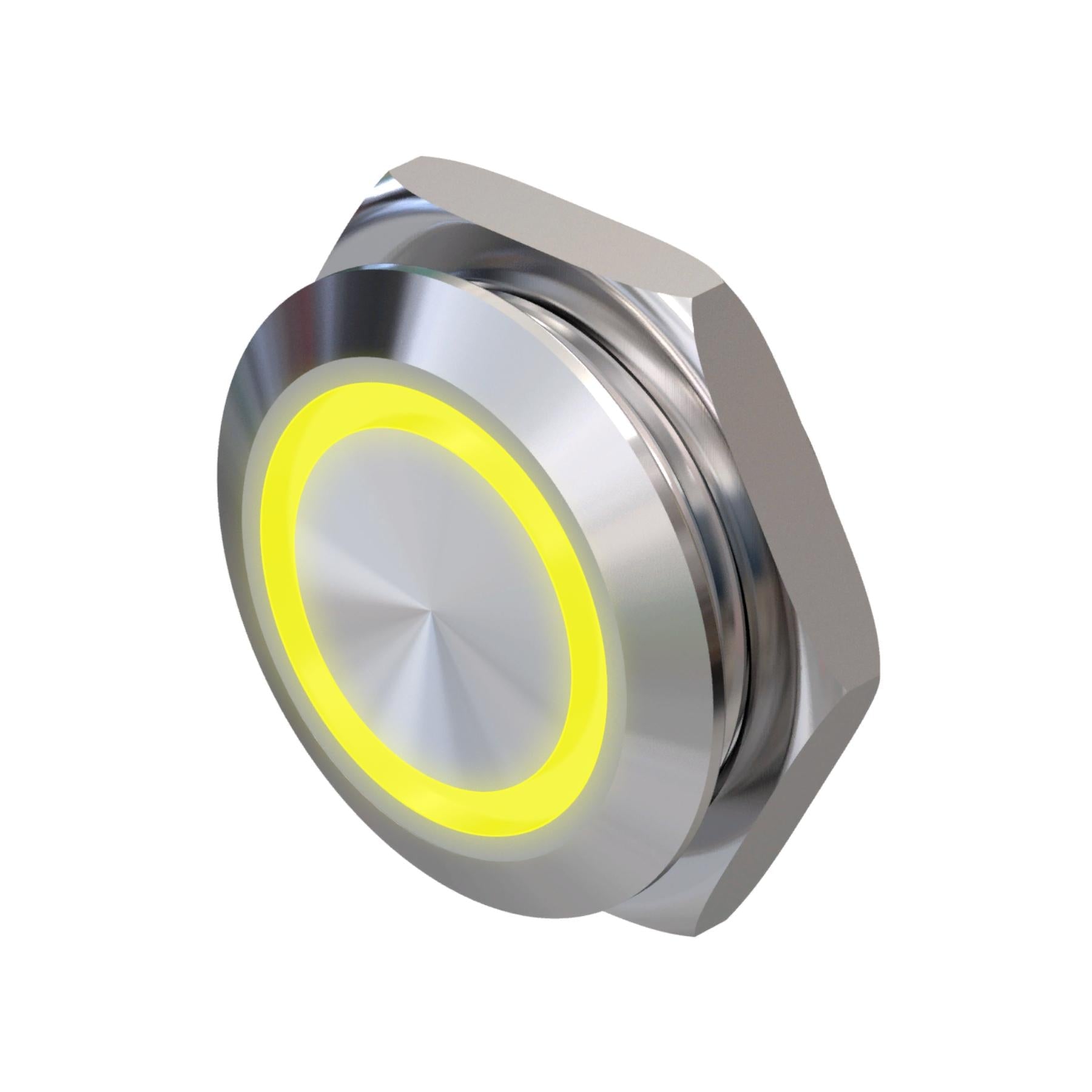 Metzler - Drucktaster 19mm - LED Ringbeleuchtung Gelb - IP67 IK10 - Edelstahl - Flach -  Kabelanschluss