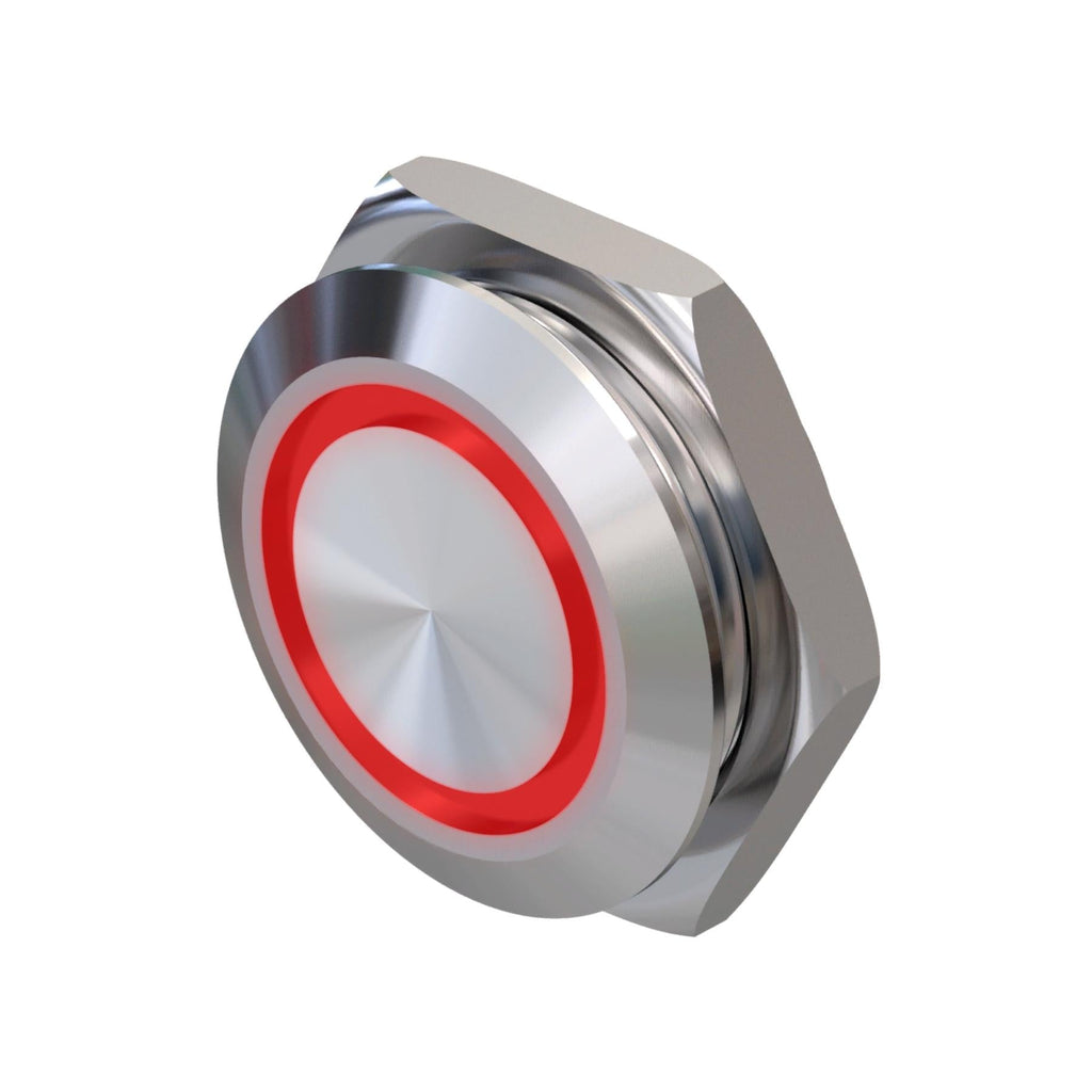 Metzler - Drucktaster 19mm - LED Ringbeleuchtung Rot - IP67 IK10 - Edelstahl - Flach -  Kabelanschluss