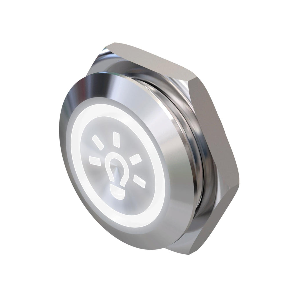 Metzler - Drucktaster 19mm - LED Symbol Licht Weiß - IP67 IK10 - Edelstahl - Flach -  Kabelanschluss