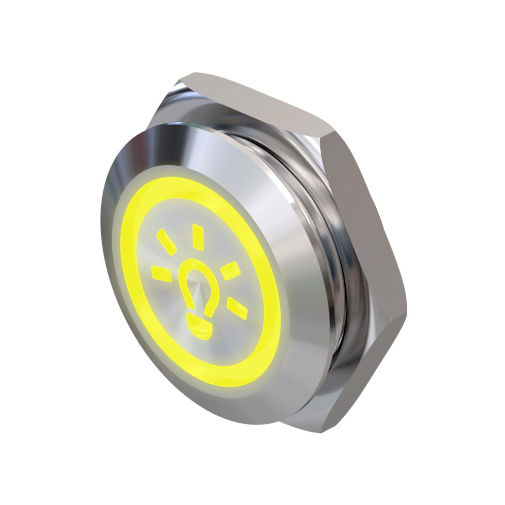 Metzler - Drucktaster 19mm - LED Symbol Licht Gelb - IP67 IK10 - Edelstahl - Flach -  Kabelanschluss