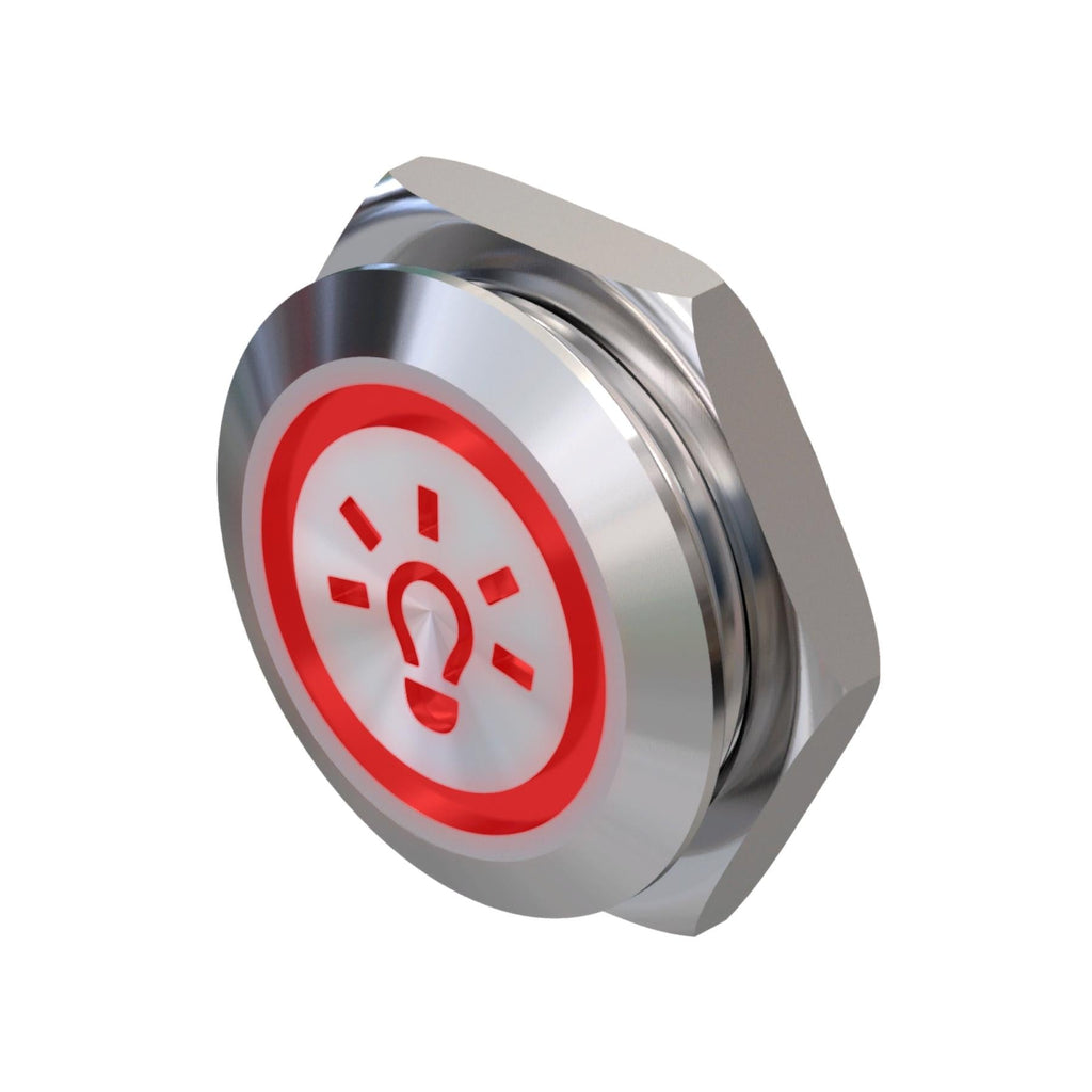 Metzler - Drucktaster 19mm - LED Symbol Licht Rot - IP67 IK10 - Edelstahl - Flach -  Kabelanschluss
