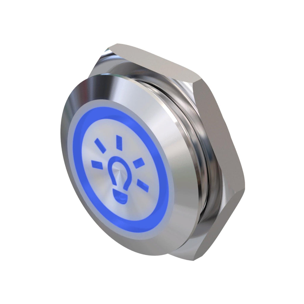 Metzler - Drucktaster 19mm - LED Symbol Licht Blau - IP67 IK10 - Edelstahl - Flach -  Kabelanschluss