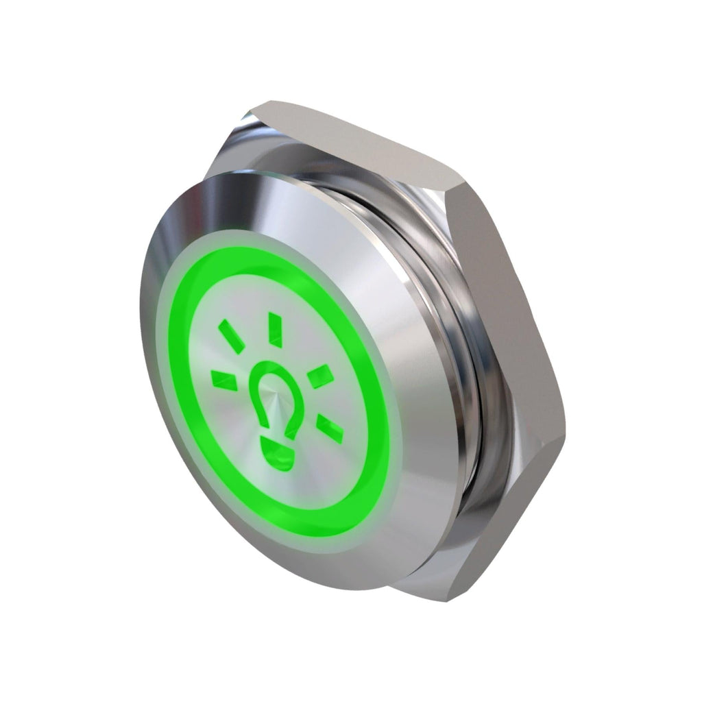 Metzler - Drucktaster 19mm - LED Symbol Licht Grün - IP67 IK10 - Edelstahl - Flach -  Kabelanschluss