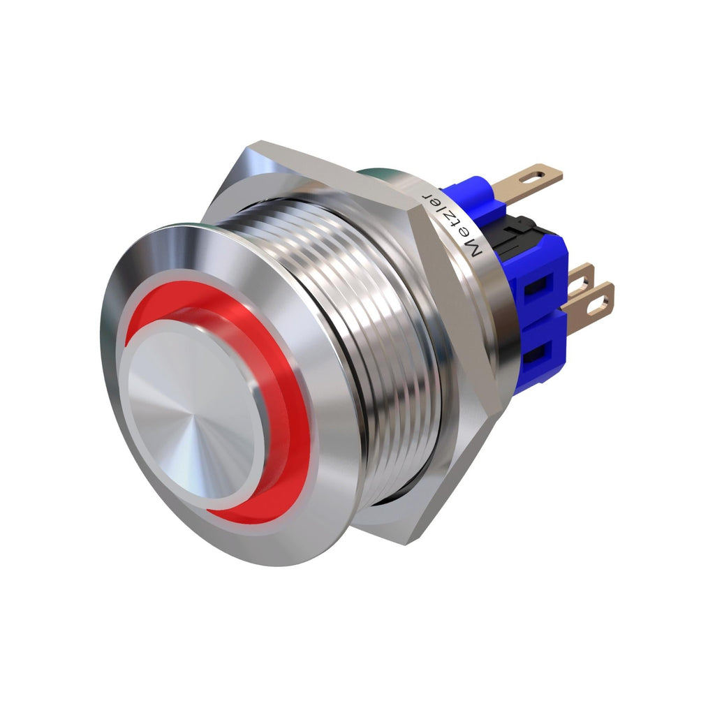 Metzler - Drucktaster 25mm - LED Ringbeleuchtung Rot - IP67 IK10 - Edelstahl - Hervorstehend - Lötkontakte