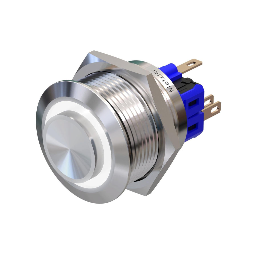 Metzler - Drucktaster 25mm - LED Ringbeleuchtung Weiß - IP67 IK10 - Edelstahl - Hervorstehend - Lötkontakte