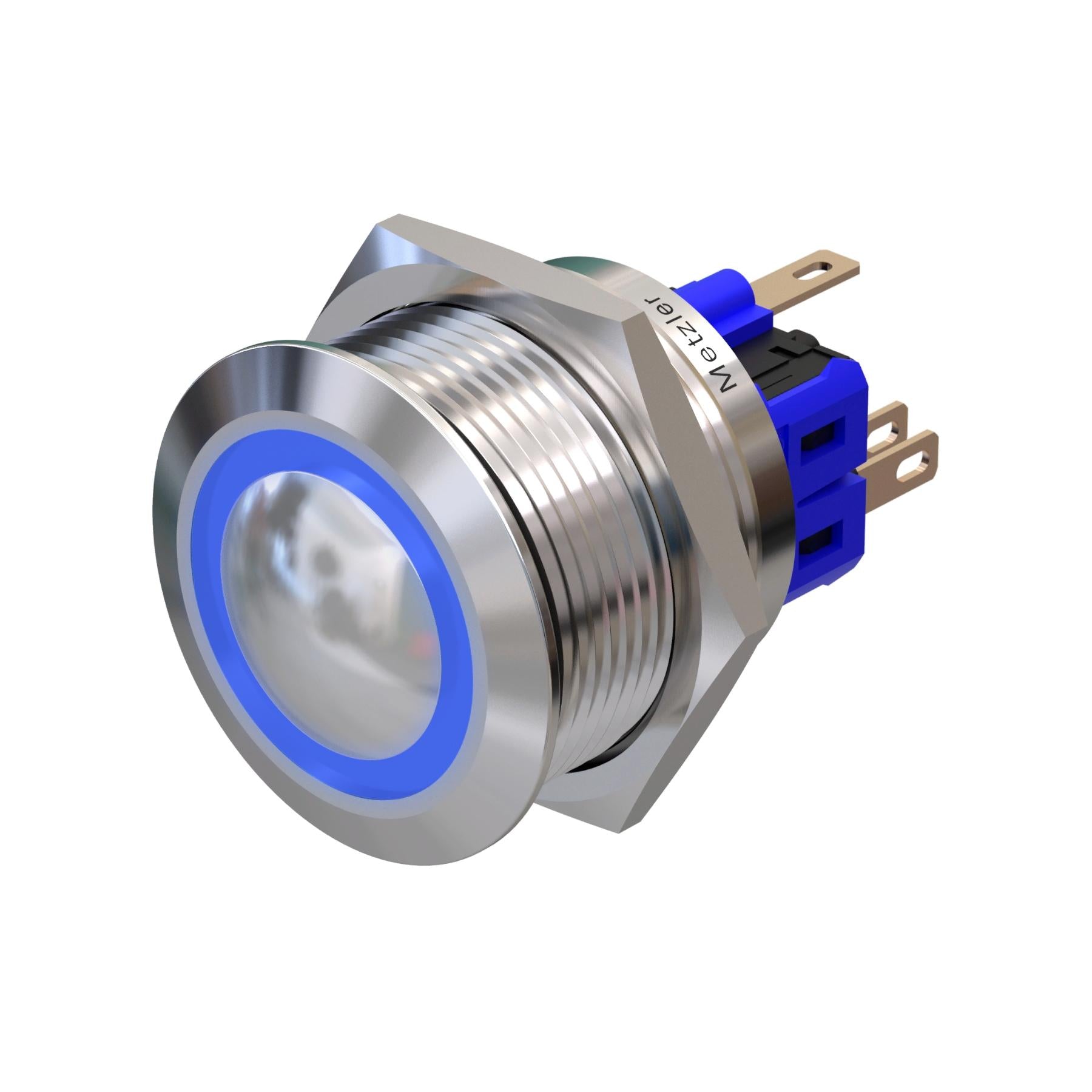 Metzler - Drucktaster 25mm - LED Ringbeleuchtung Blau - IP67 IK10 - Edelstahl - Gewölbt - Lötkontakte
