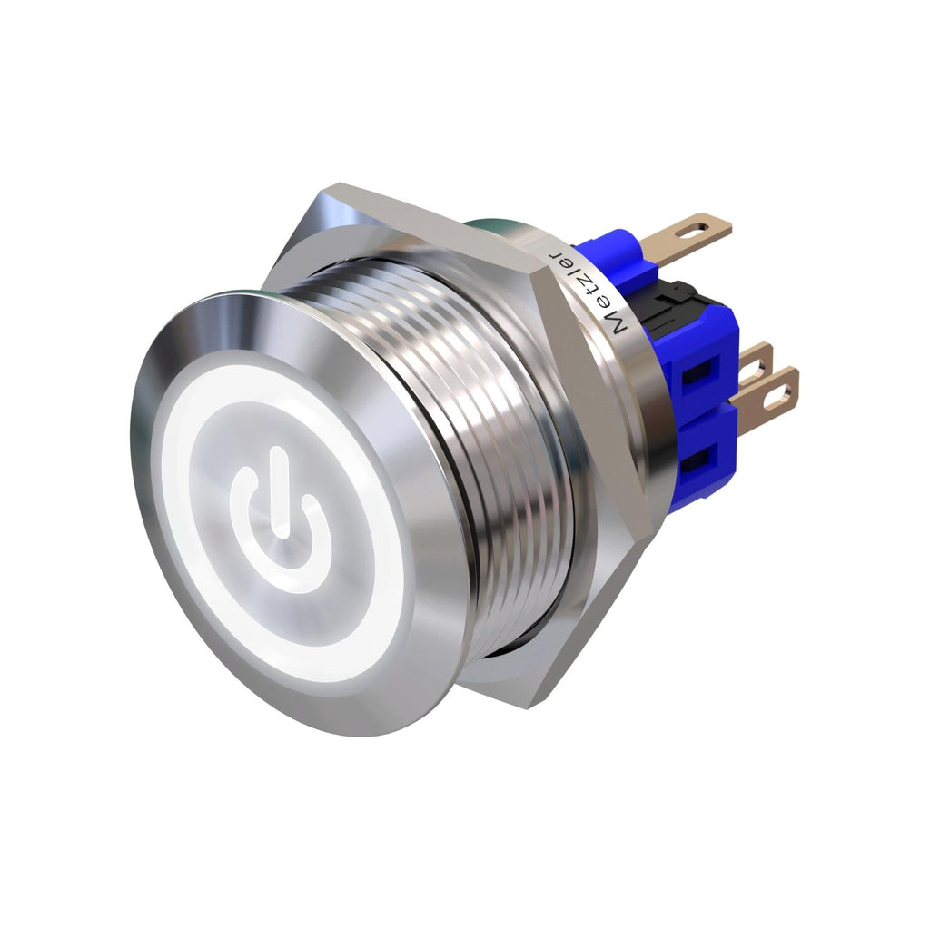Metzler - Drucktaster 25mm - LED Symbol Power Weiß - IP67 IK10 - Edelstahl - Flach - Lötkontakte