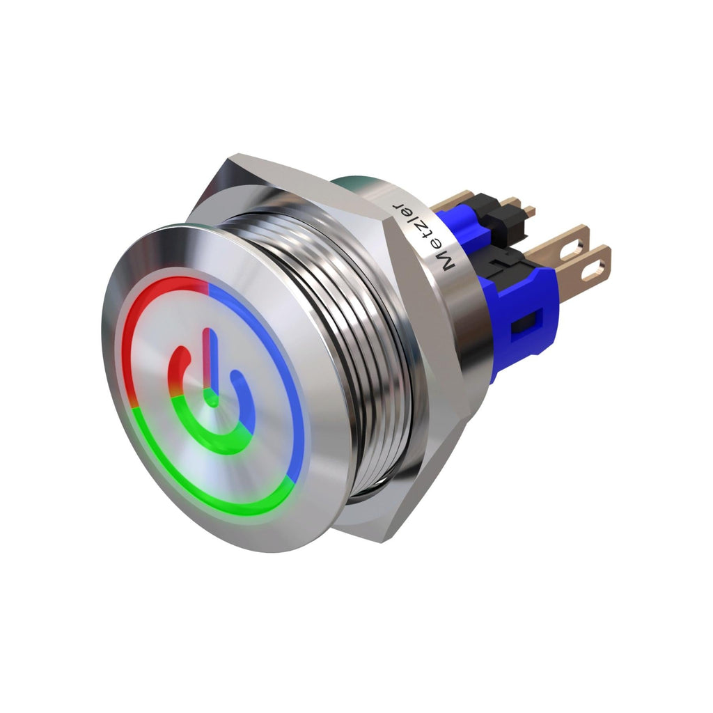 Metzler - Drucktaster 22mm - LED Symbol Power RGB - IP67 IK10 - Edelstahl - Flach - Lötkontakte