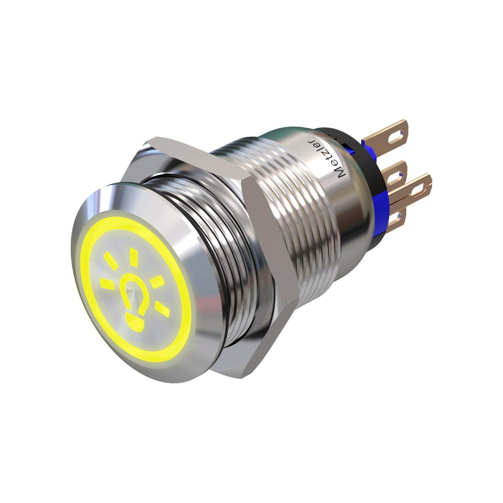 Metzler - Druckschalter 19mm - LED Symbol Licht 230 V Gelb - IP67 IK10 - Edelstahl - Flach - Lötkontakte