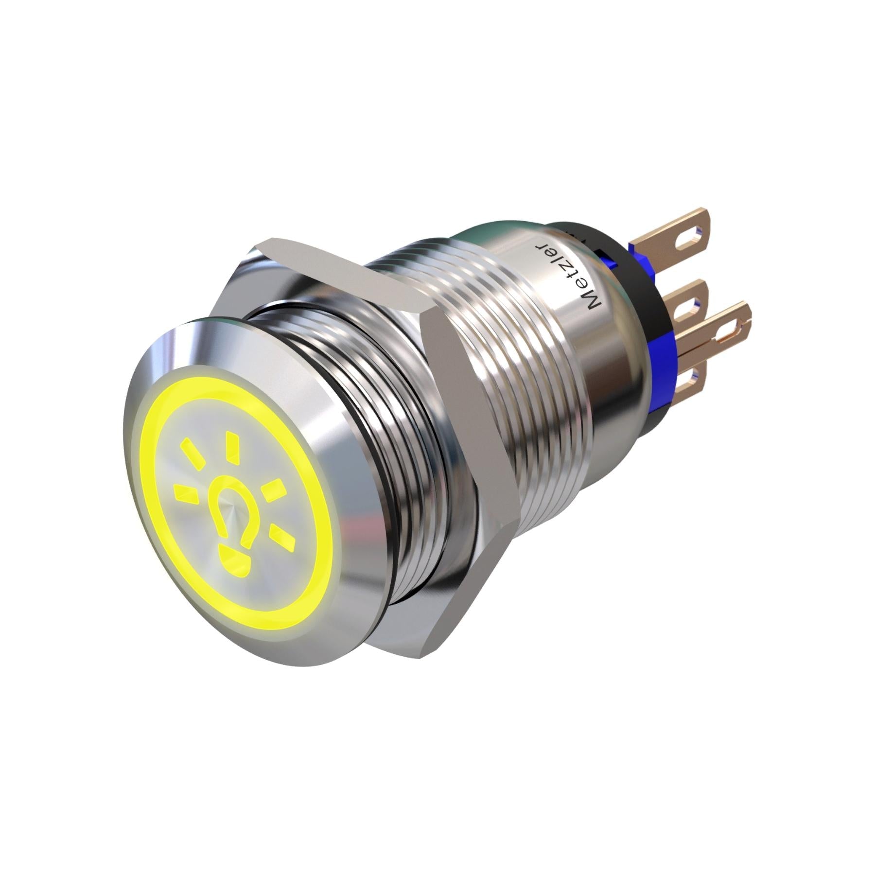 Metzler - Druckschalter 19mm - LED Symbol Licht 230 V Gelb - IP67 IK10 - Edelstahl - Flach - Lötkontakte