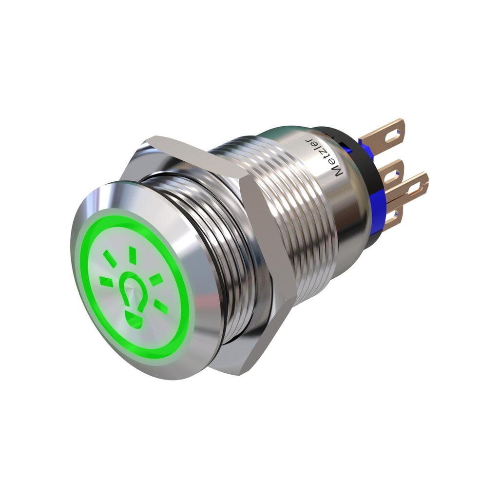 Metzler - Druckschalter 19mm - LED Symbol Licht 230 V Grün - IP67 IK10 - Edelstahl - Flach - Lötkontakte
